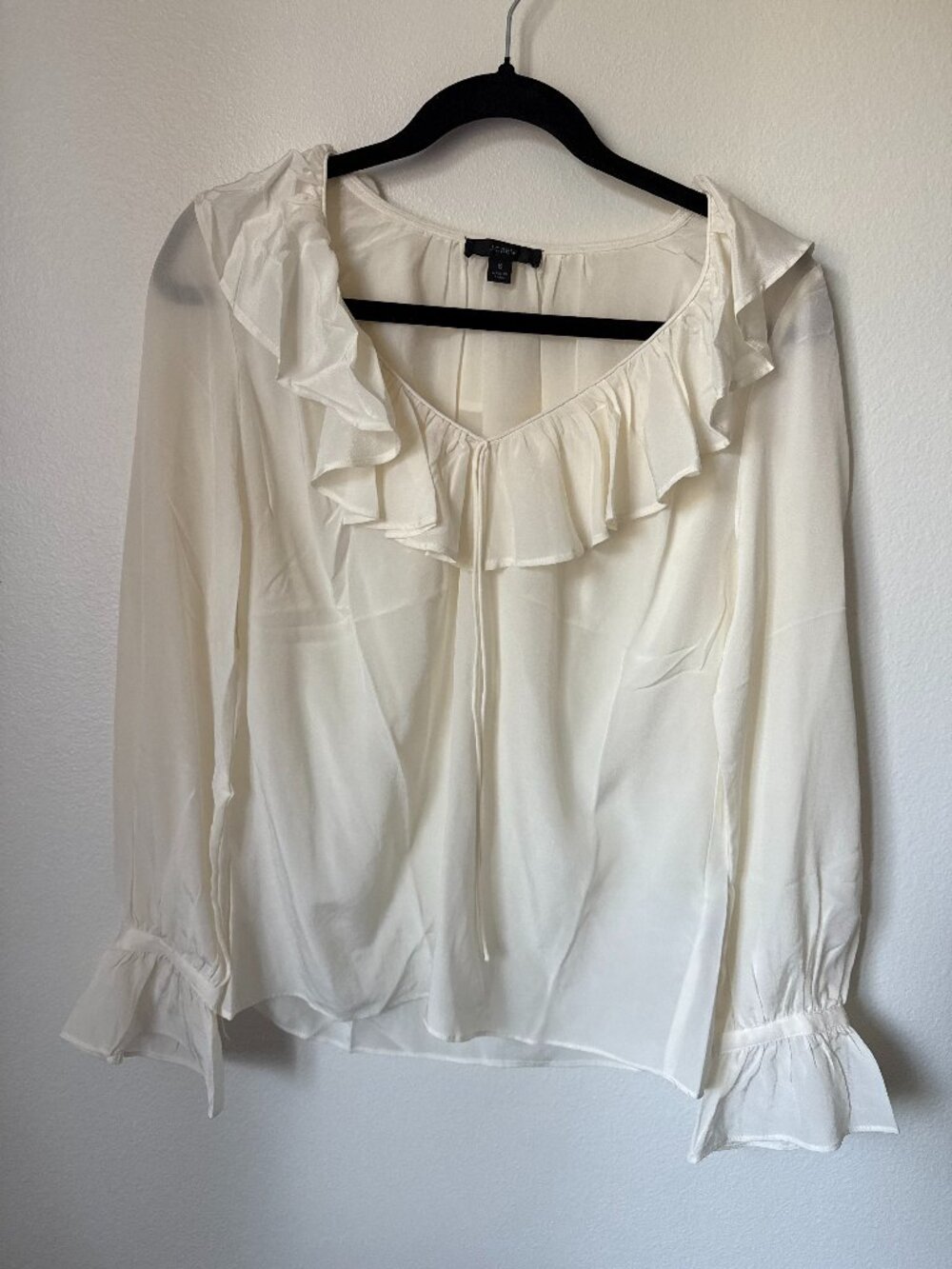 J. Crew Off-White 100% Silk Ruffle V-Neck Long Sleeve Blouse S